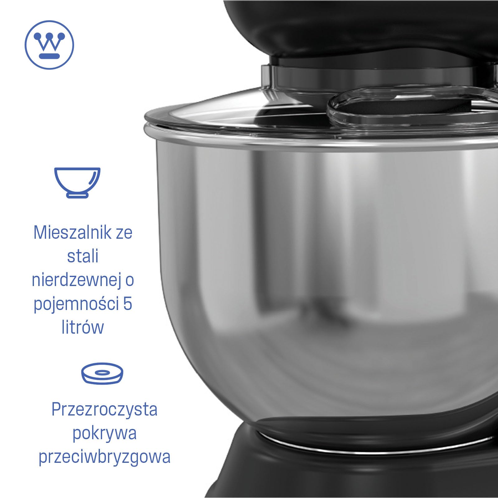 Westinghouse Retro Mikser stojący – 1200 W – Robot kuchenny 5 l Miska miksująca – Robot kuchenny – Mikser kuchenny – Robot kuchenny – Czarny