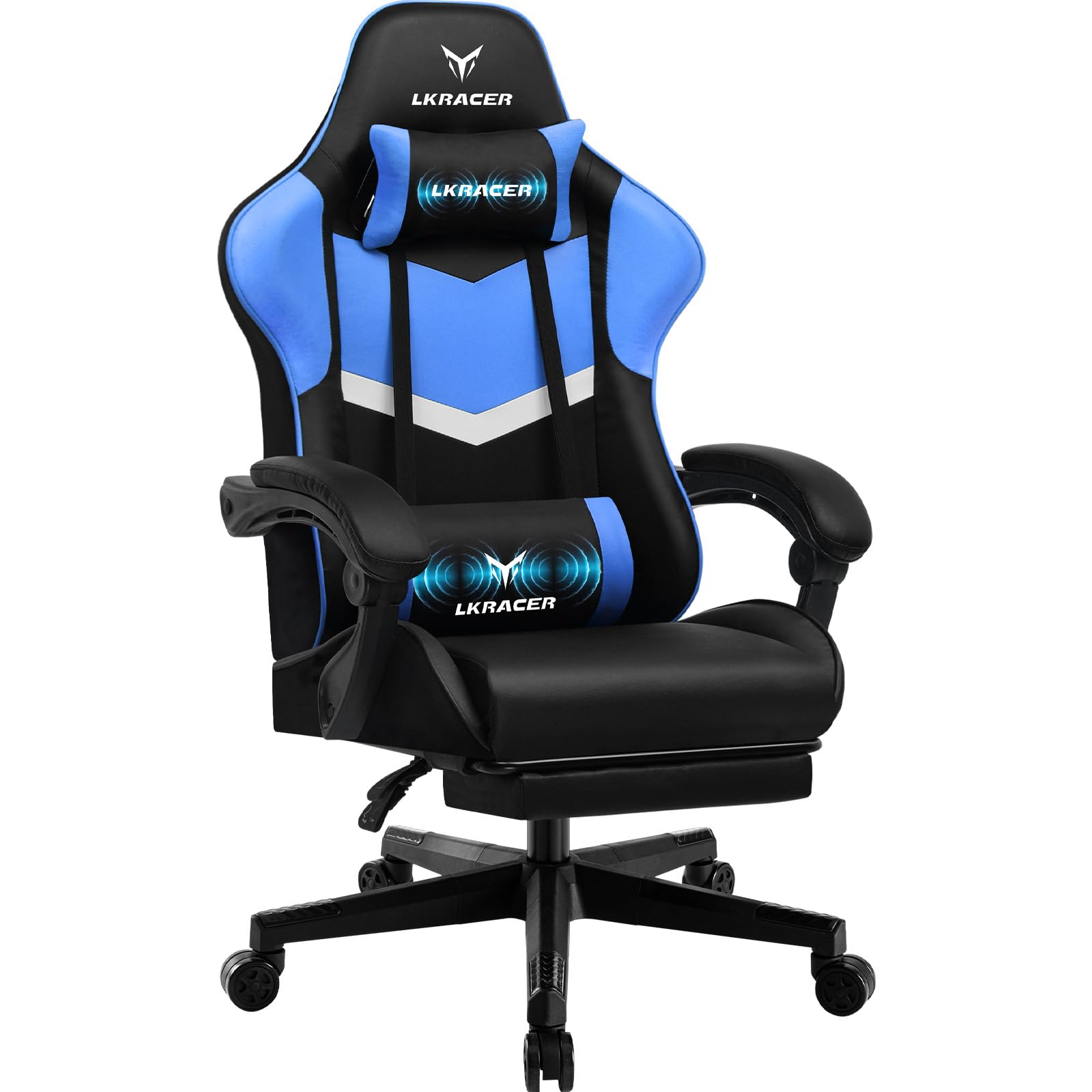LUCKRACER Fotel gamingowy z podnóżkiem, ergonomiczny, z regulowaną poduszką lędźwiową, poduszka pod głowę, fotel gamingowy, z regulacją wysokości, obciążenie 150 kg, kolor niebieski