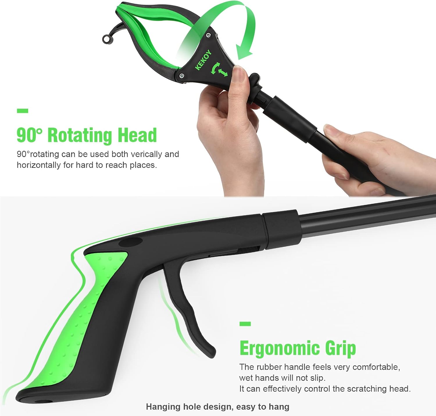 Kekoy 2-Pack Foldable Grabber Reacher Tool with Light, 32" Trash Picker Grabbers, Deft Claw Reacher Grabber for Elderly, 90°Rotating Anti-Slip Jaw, Magnet Hook (Green)