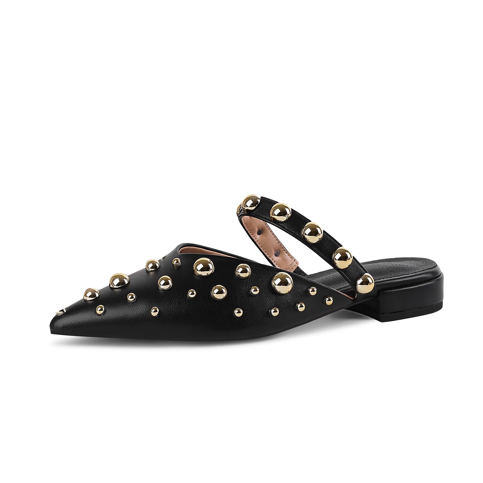 TRKYYK Women's Studded Mules Pointed Toe Strap Slipper Comfortable Flats Shoes