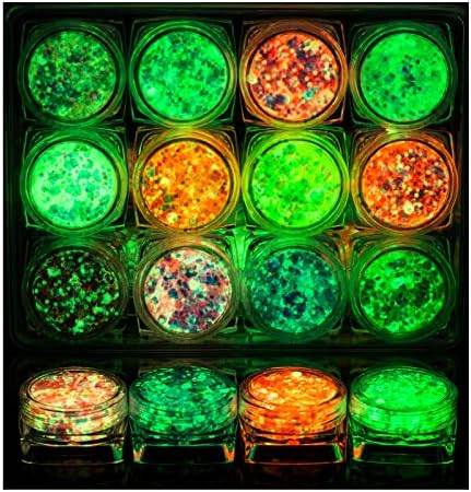 Glow in The Dark Body Face Glitter Gel for Women, 12 Colors Glitter Gel Makeup Chunky Fine Glitter, UV Black Light Glitter for Body/Face/Hair/Eyeshadow, Glitter for Carnival Party(Not Loose Glitter)