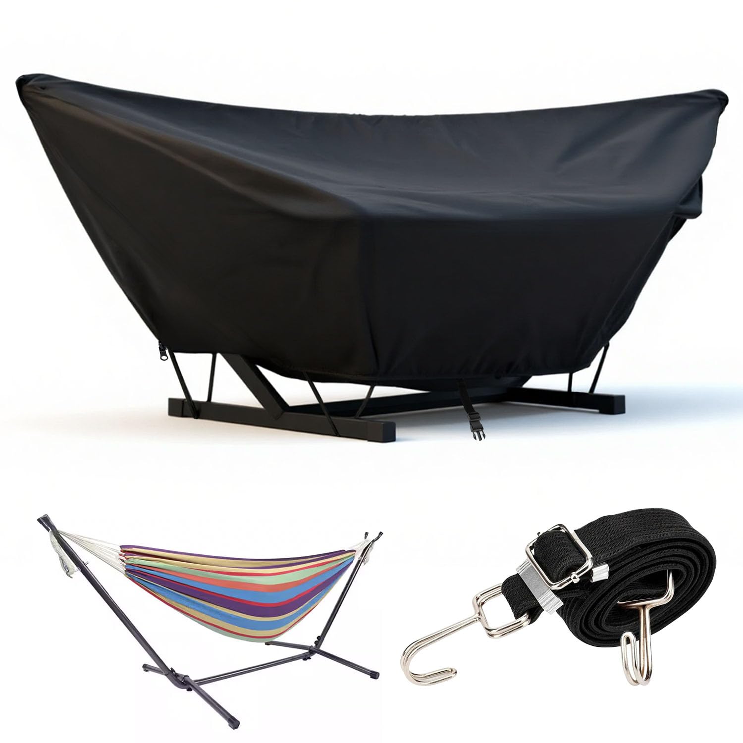 Outdoor Hammock Cover with Zip and Elastic Ropes, Made of 420D high-Strength Fabric, Features Adjustable Buckles, for Outdoor Universal Hammocks, Waterproof, Windproof (13-14FT,Black)