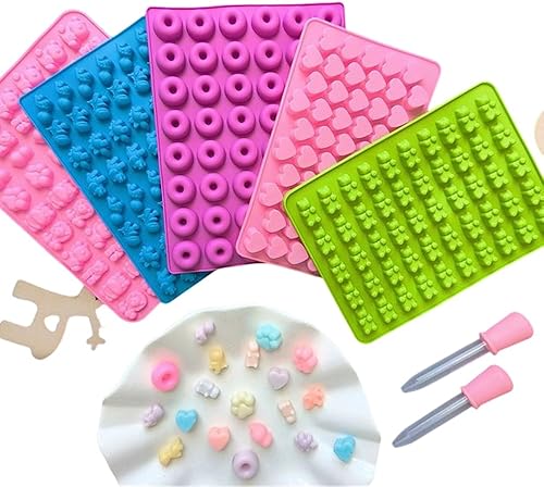 Miniatura 7 de Moldes de silicona para caramelos de goma, con 2 goteros, 5 mini moldes de silicona incluyendo dinosaurio pequeño, oso, dona pequeña, corazón, gato