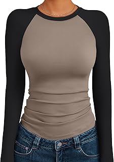 Camisas de manga larga para mujer, ajustadas, elásticas, con bloques de color, ligeramente recortadas