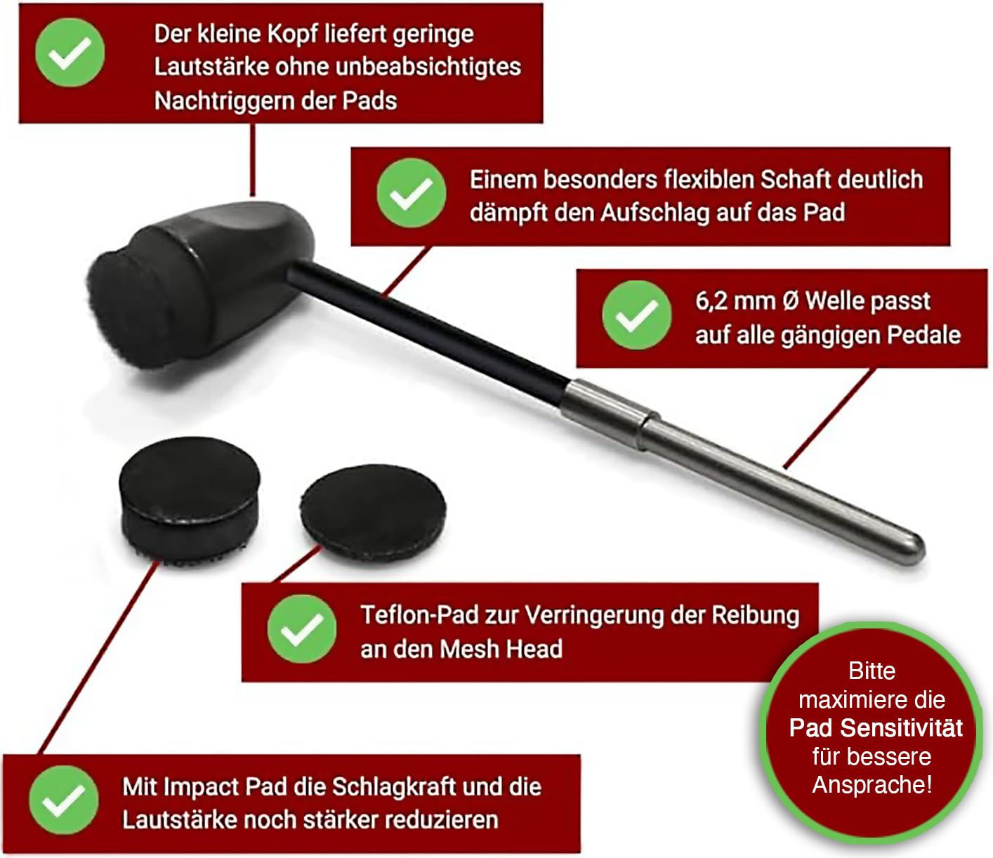 Adoro Silent e Sticks & Bassdrum Beater für e Drum & Drum Pad - Die weiche Spitze aktiviert den e Schlagzeug und reduziert gleichzeitig laute Kontaktgeräusche - kein hartes "Thwack" mehr-