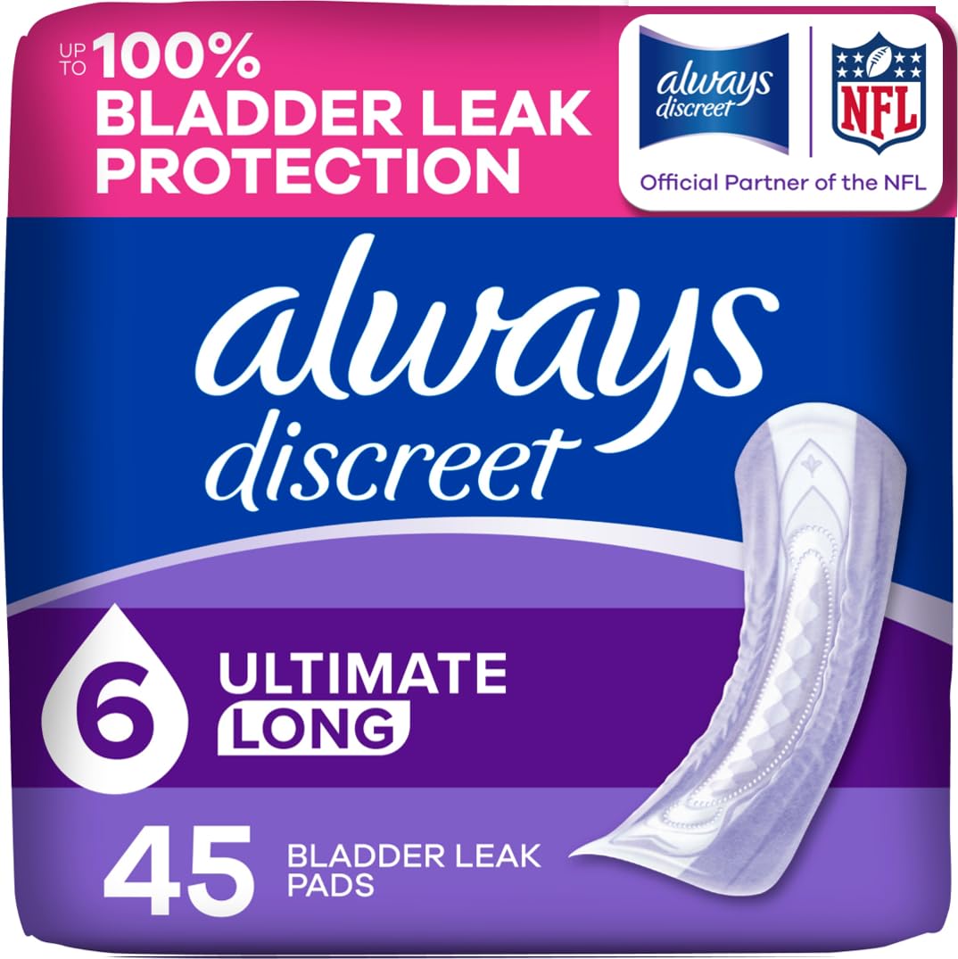 Photo 1 of Always Discreet Adult Incontinence Pads for Women, Drier, 6 Drop Long Length, Extra Heavy Absorbency, Pads for Bladder Control Management, Bladder Leaks, & Postpartum Pads, 45ct
