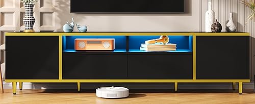 Miniatura 8 de 71" LED Lights TV Stand, Entertainment Center with Anti-Tip Device, TV Media Console with Golden Strips for Living Room, Black