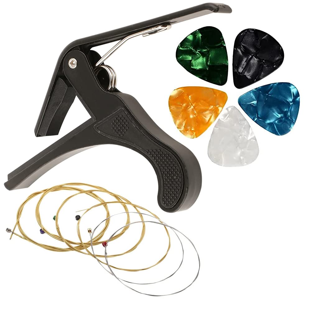 Souvenir Guitar Capo with String 5 Picks Quick Change Capo and 6 Stainless Steel Guitar String Accessories Set for Acoustic Electric Classical Guitar