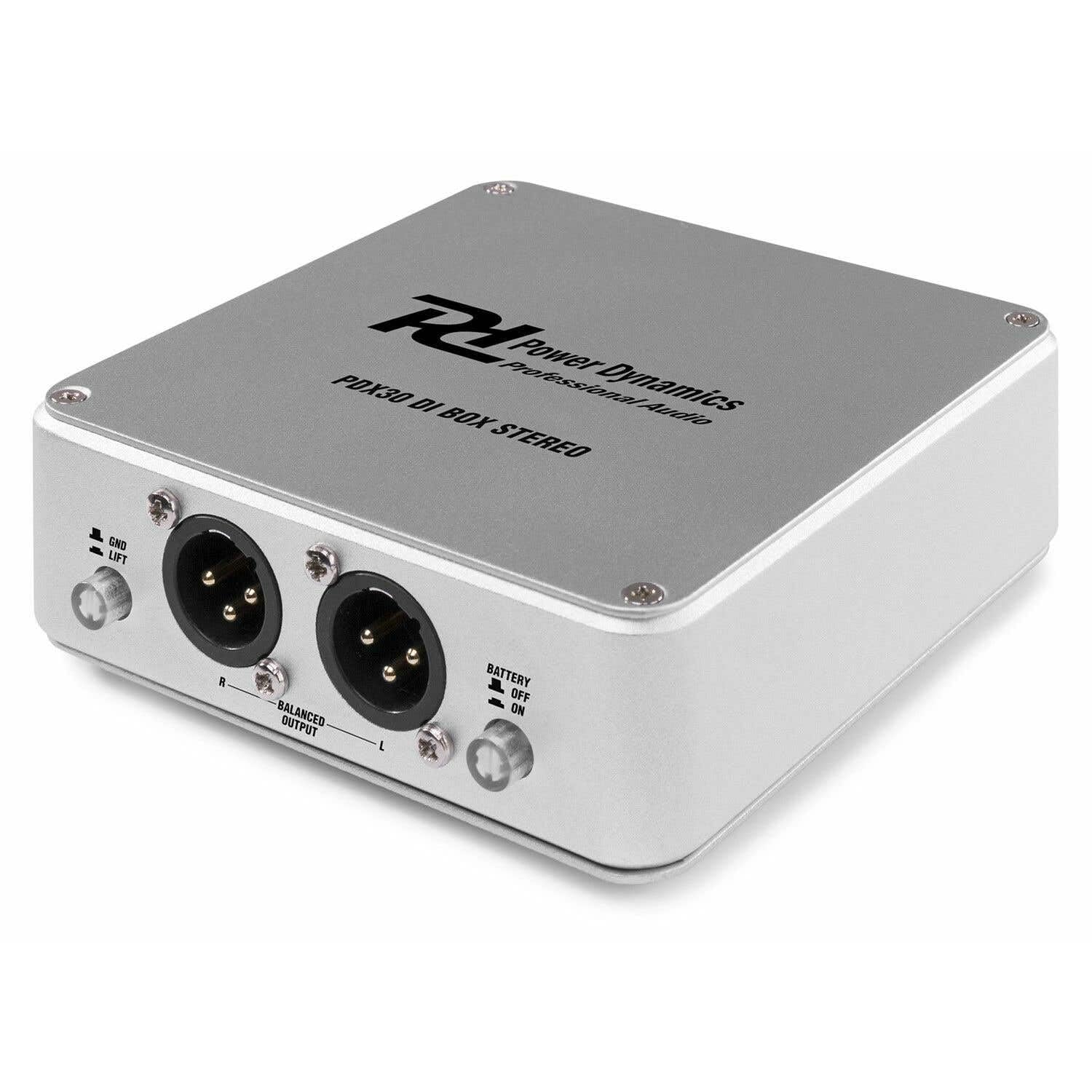 Power Dynamics PDX30 - Boîtier DI Stéréo, Aluminium, Très Robuste, Compatible Batterie, Idéal pour Augmenter Les Performances Sonores de Vos Instruments de Musique