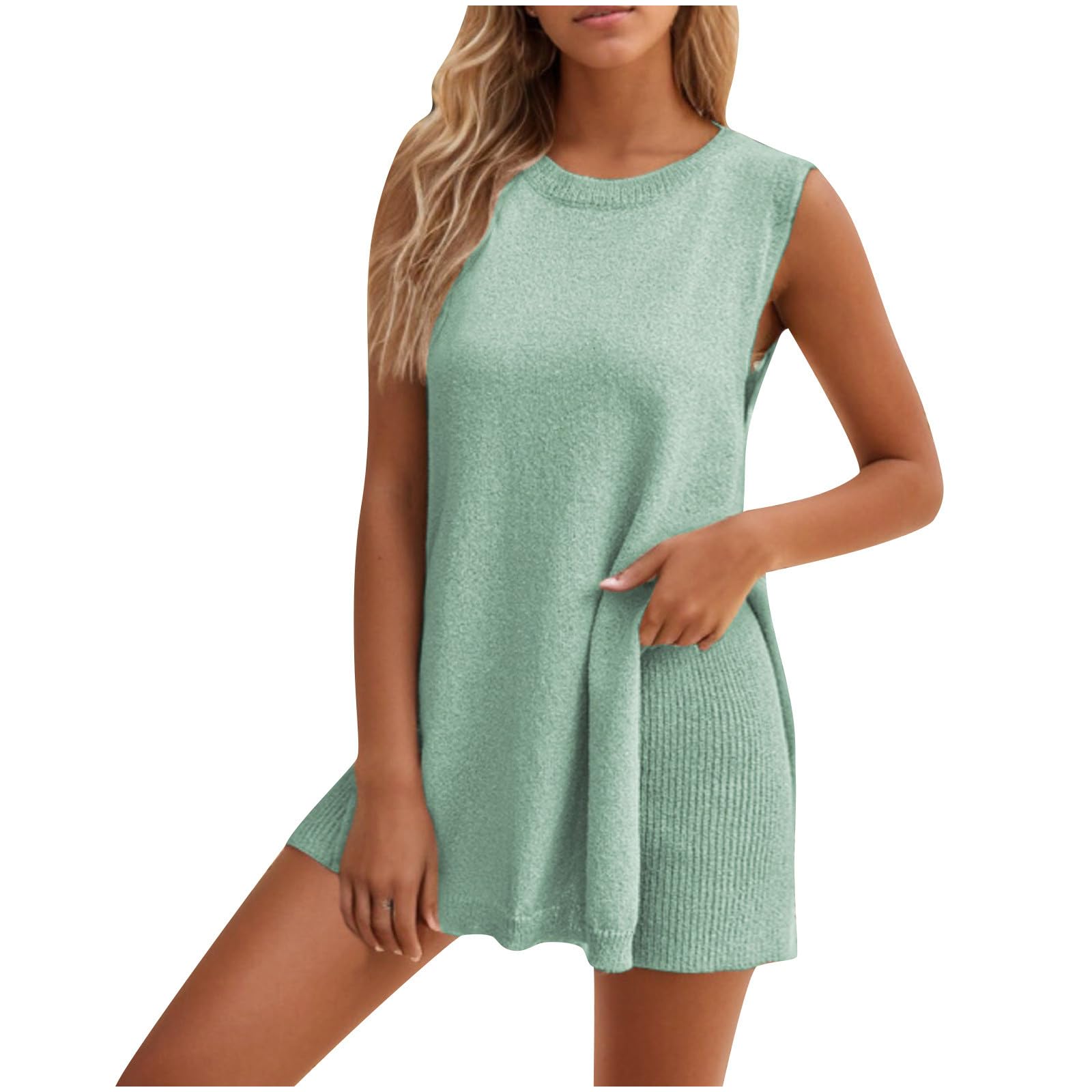 GenericWomens Summer Sweater Sets, 2 Piece Beach Vacation Outfits, Knit Tank Top Vest Matching Shorts Set Ribbed Lounge Sets