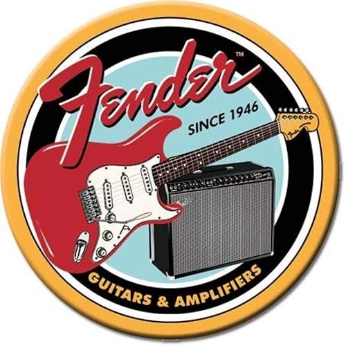 Desperate Enterprises Fender Guitars & Amplifiers - Imán redondo para refrigerador, imanes divertidos para oficina, hogar y escuela, fabricado en