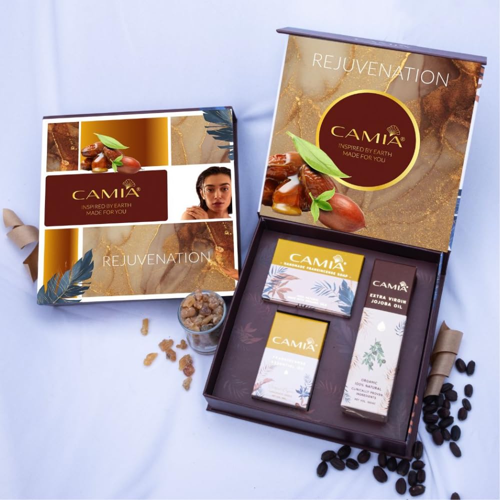 CAMIA - 100% Natural & Luxury Skin Rejuvenation Gift Set For Women & Men | Frankincense Essential Oil, 15 Ml + Cold Pressed Jojoba Oil, 100 Ml + Handmade Frankincense Soap - Skin Care Gift Set Box-image-41
