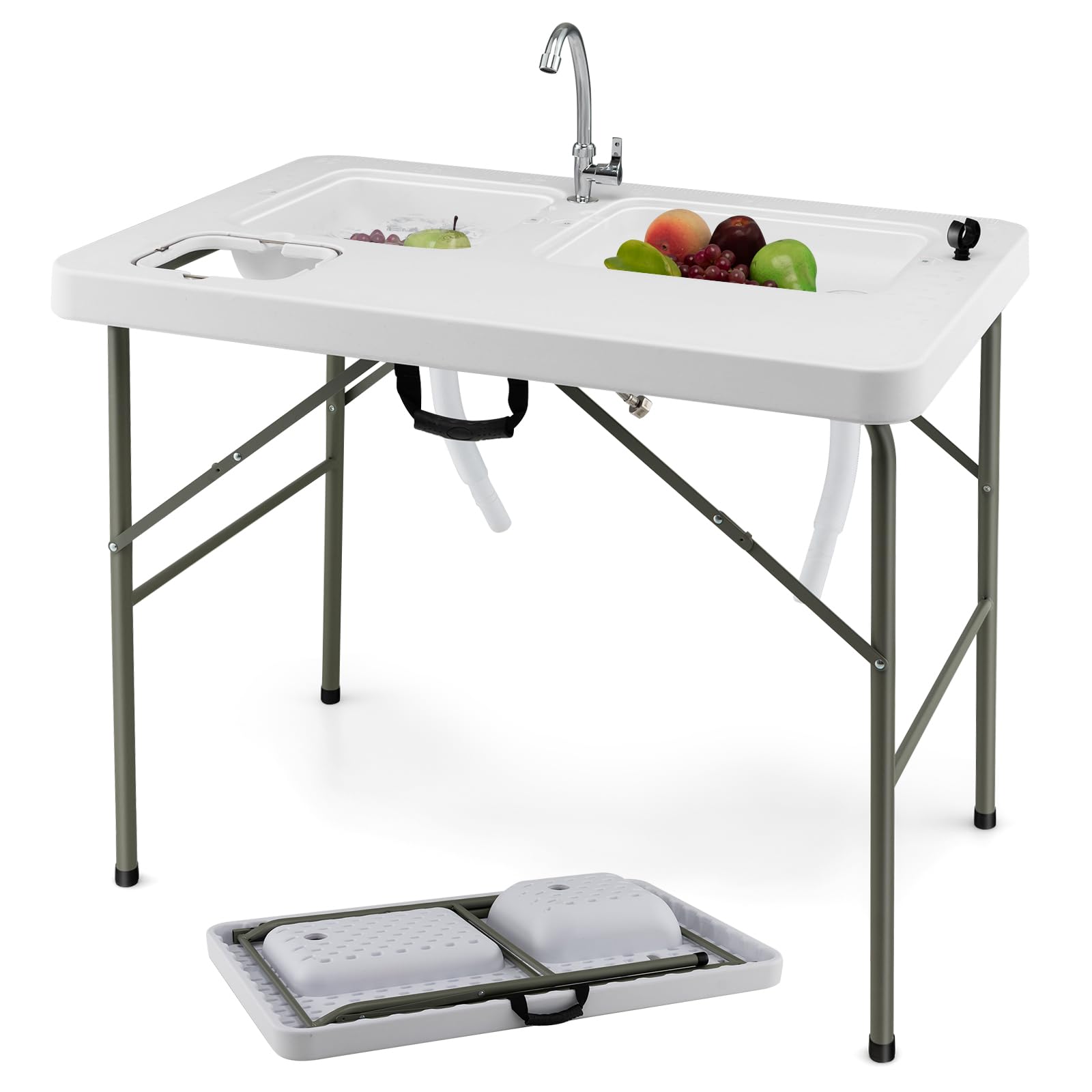 GYMAX 3 en 1 Mesa Plegable Camping Multiusos, Estación de Limpieza de Pescado con Fregadero y Grifo, Mesa de Picnic Portátil para Pesca, Barbacoa, 101,5 x 65,5 x 107,5 cm