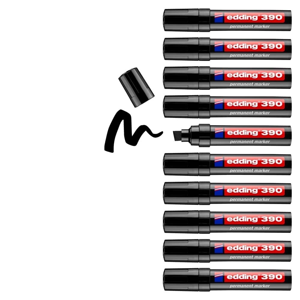 edding 390 Permanentmarker - schwarz - 10 Stifte - dicke Keilspitze 4-12 mm - wasserfest, schnell-trocknend - Multimarker, Universalstift - für Karton, Kunststoff, Holz, Metall, Glas, Stein, Leinwand