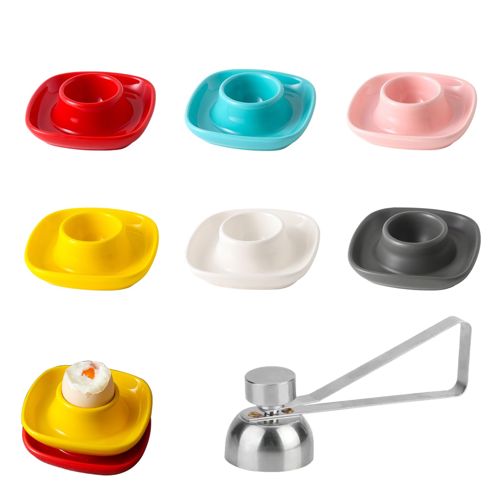 6 Stück Eierbecher Porzellan, Keramische Eierhalter mit Edelstahl Eieröffner, Steingut Eierbecher mit Ablage, Stapelbar Frühstück Eierhalter für Küchen Restaurants Partys Verwendet(10×10cm)