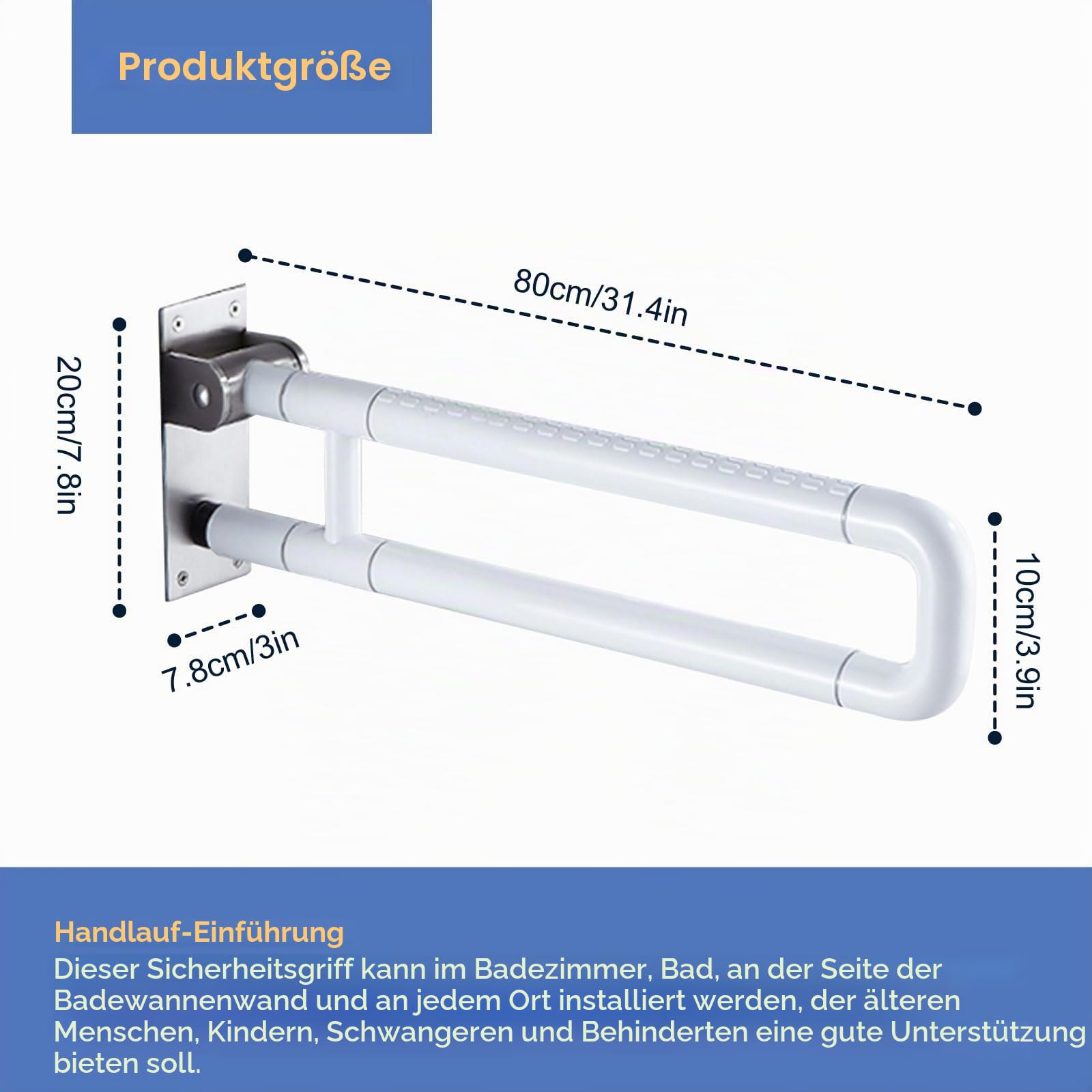 Badezimmer Haltegriff Weiß, Klappbar Haltegriff 80CM Haltegriff Edelstahl Dusche Haltegriff Bad Stützgriff Stütz Klappgriff Badewanne Stützgriff Haltegriffe für Senioren Behinderte 80cm/31.4in