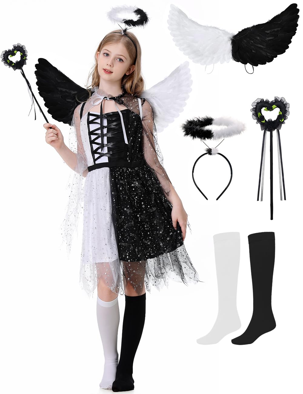 aicoaub Angel Devil Costume Women's Black Angel Costume Women's Angel Wings Black White Costume Devil Costume Angel Costume Women's Angel Wings with Halo for Girls Carnival Cosplay