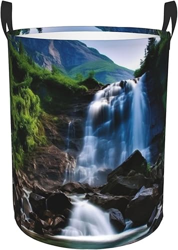 Scenic mountain waterfall print Circular Hamper Waterproof Storage Bin Organizer Basket Laundry Hamper With Handles For Clothes Toys Medium