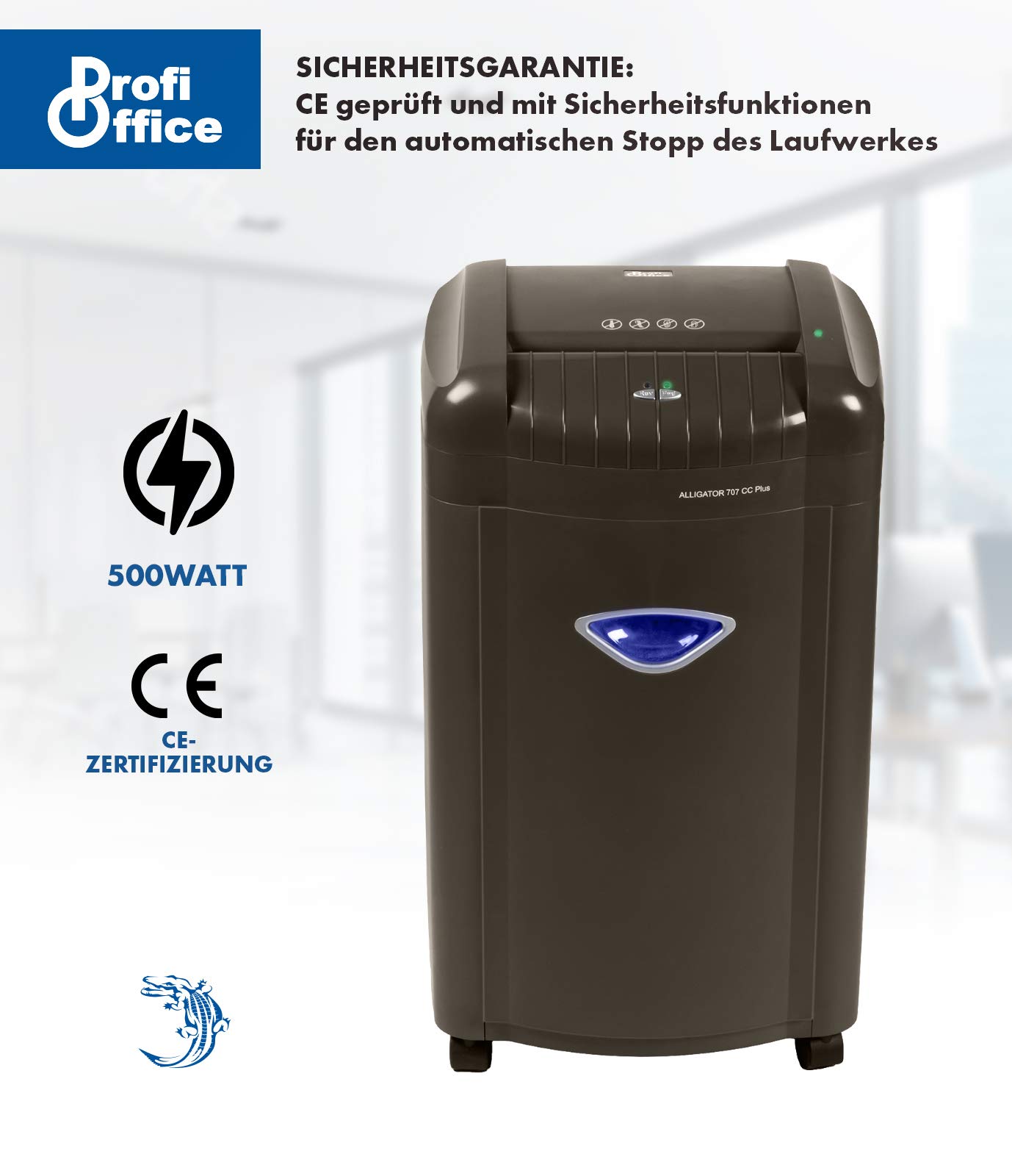 Destructora de Papel Alligator 707 CC+ – Trituradora Silenciosa Corte Cruzado P-4 | Whisper Technology | para Oficina y Hogar, Papelera 26L con Iluminación LED, 7 Hojas