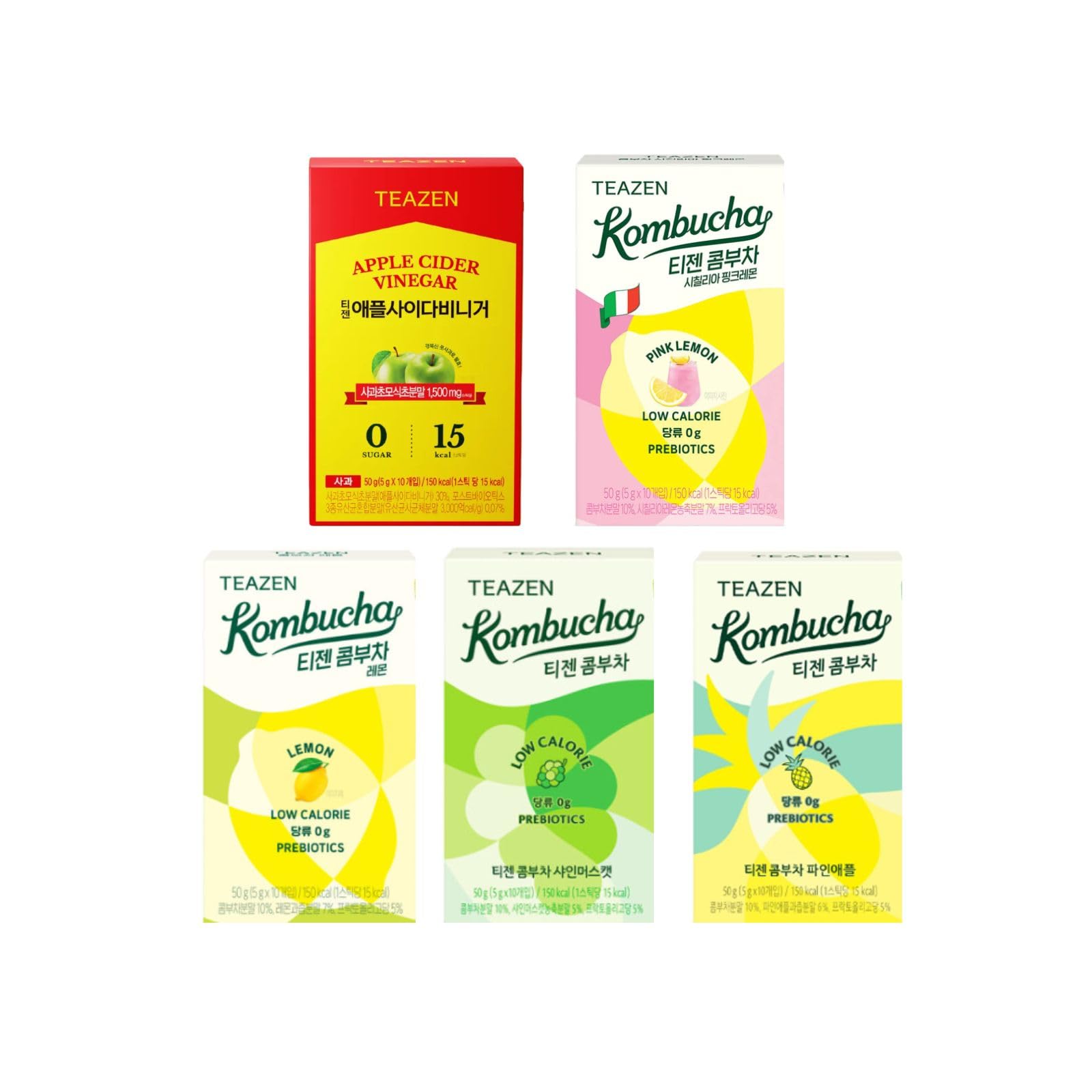 5 Flavors Assorted Kombucha & Apple Cider Vinegar Drink Powder Pack – 10 Sticks x 5 Boxes (50 Sticks Total) | Probiotic & Detox Drink | 0g of Sugar, 15 kcal per Stick | Made in Korea