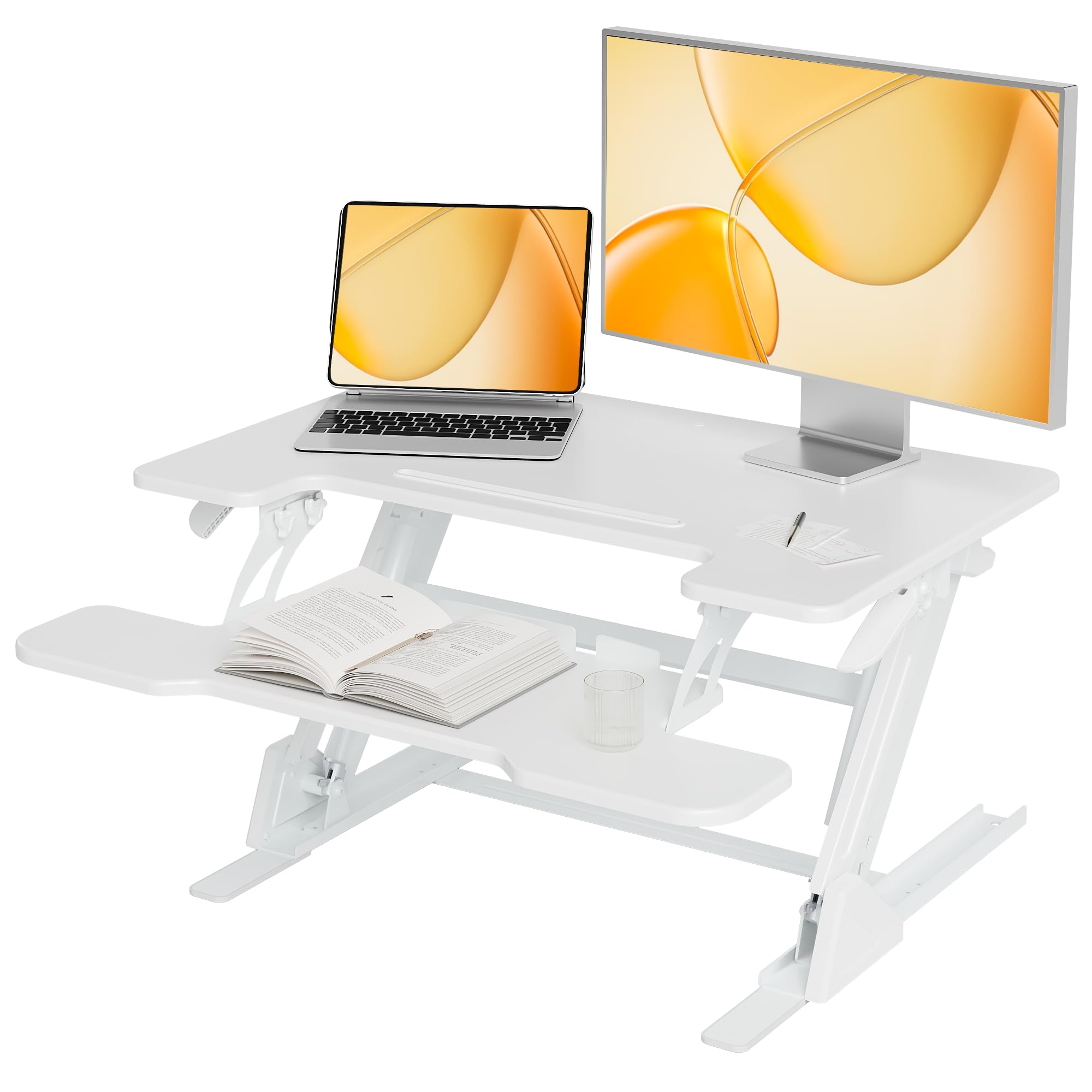 Claiks Standing Desk Converter 32 inch, Height Adjustable Sit Stand Up Desk Riser, Quick Sit to Stand Tabletop Dual Monitor Riser Workstation for Home