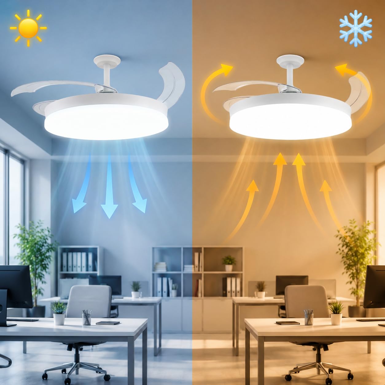 M mimotec- Ventilador de Techo White Guadix Retráctil con Luz LED CCT 36W Ø107 cm, Motor DC Silencioso 30W, Mando a Distancia, 6 Velocidades, Aspas Plegables, Temporizador y Función Verano/Invierno | CCT 36W, Ø107 cm, Motor DC Silencioso 30W, 6 Velocidade