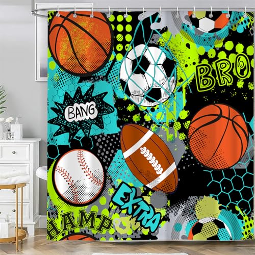Sokdcam Sports Shower Curtain for Kids Children Teens, Cool Graffiti Basketball Baseball Soccer Bathroom Curtain Decor, Multicolor Polyester Fabric Waterproof Bath Curtains with 12 Hooks, 72X72 inch