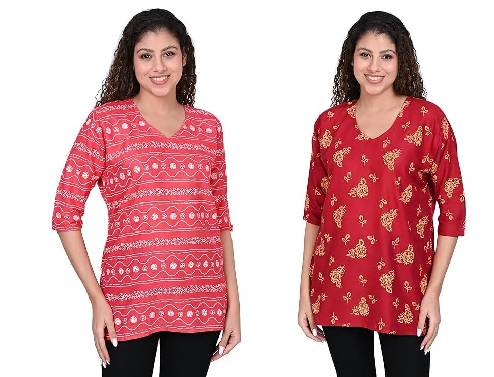 Image of OFEEFAN Women's Rayon Printed Short Kurtis - Pack of 2 | Ethnic Wear for Women | Regular Fit Comfortable Kurtas for Casual