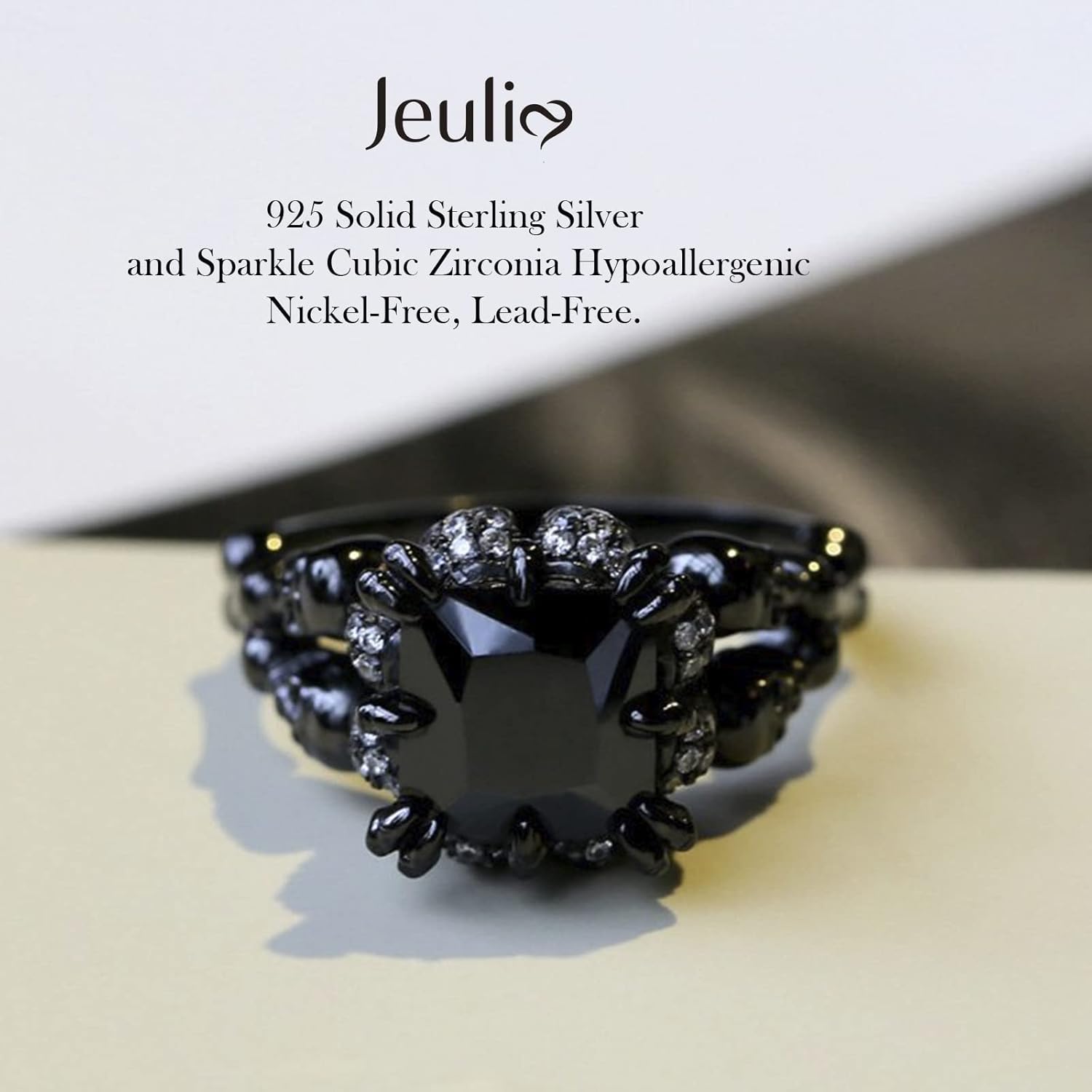 Jeulia 6.55 Carat Personalized Princess Cut Diamond Rings for Women Sterling Silver Double Row Halo Engagement Rings Black Plated Bridal Band Rings Anniversary Promise with Jewelry Gift Box