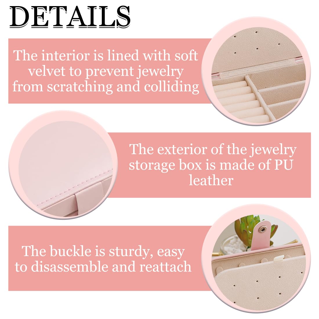 Joyero Pequeño Portátil para Mujer, Caja de Joyas para Anillos, Pendientes, Collares, Pulseras - Rosa