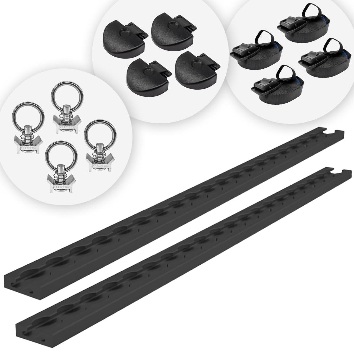 Set 2X Airlineschienen 1.0 m, 4X Endkappen, 4 Fittinge und 4X Klemmschlossgurte, schwarz KTL-beschichtet, gebohrt, eckig, 34 x 9,6 mm | Zurrschiene für Transporter, Wohnwagen, Anhänger