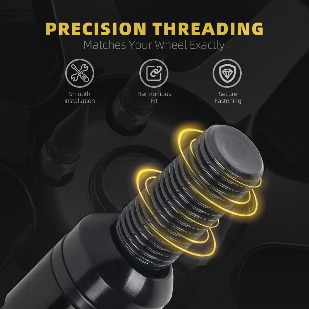 M14x1.5 Wheel Bolts 20 PCS, Ball Seat Lug Bolt with Aluminum Pointed Cap, Anti-Theft, Compatible for Tesla, Mercedes-Benz, Volkswagen, Audi, Land Rover, 2 Socket Included, Black