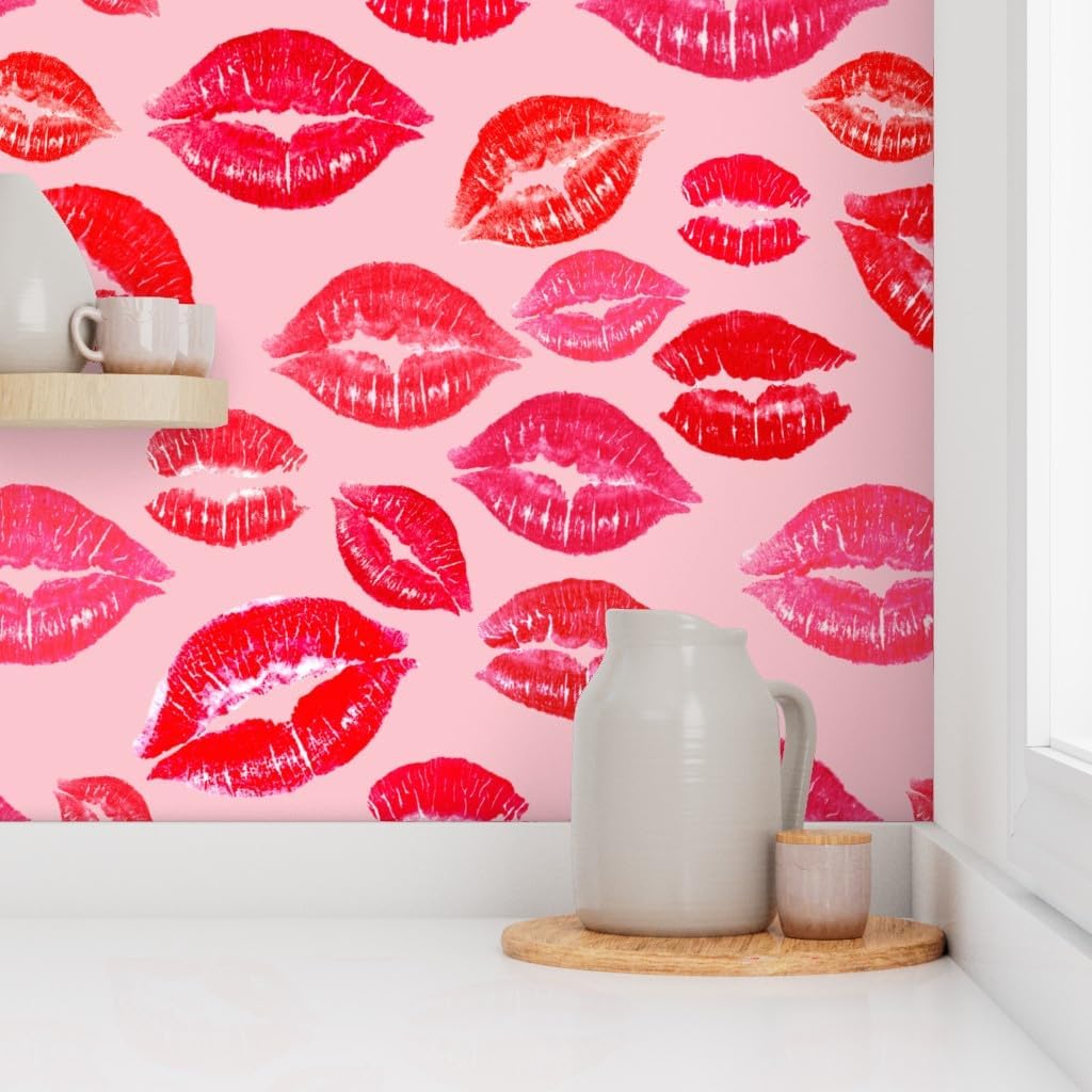 Peel & Stick Wallpaper 3ft x 2ft - Lipstick Kiss Kitsch Valentine Kisses Valentine's Day Love Pink Red Romance Sweet Custom Removable Wallpaper by Spoonflower