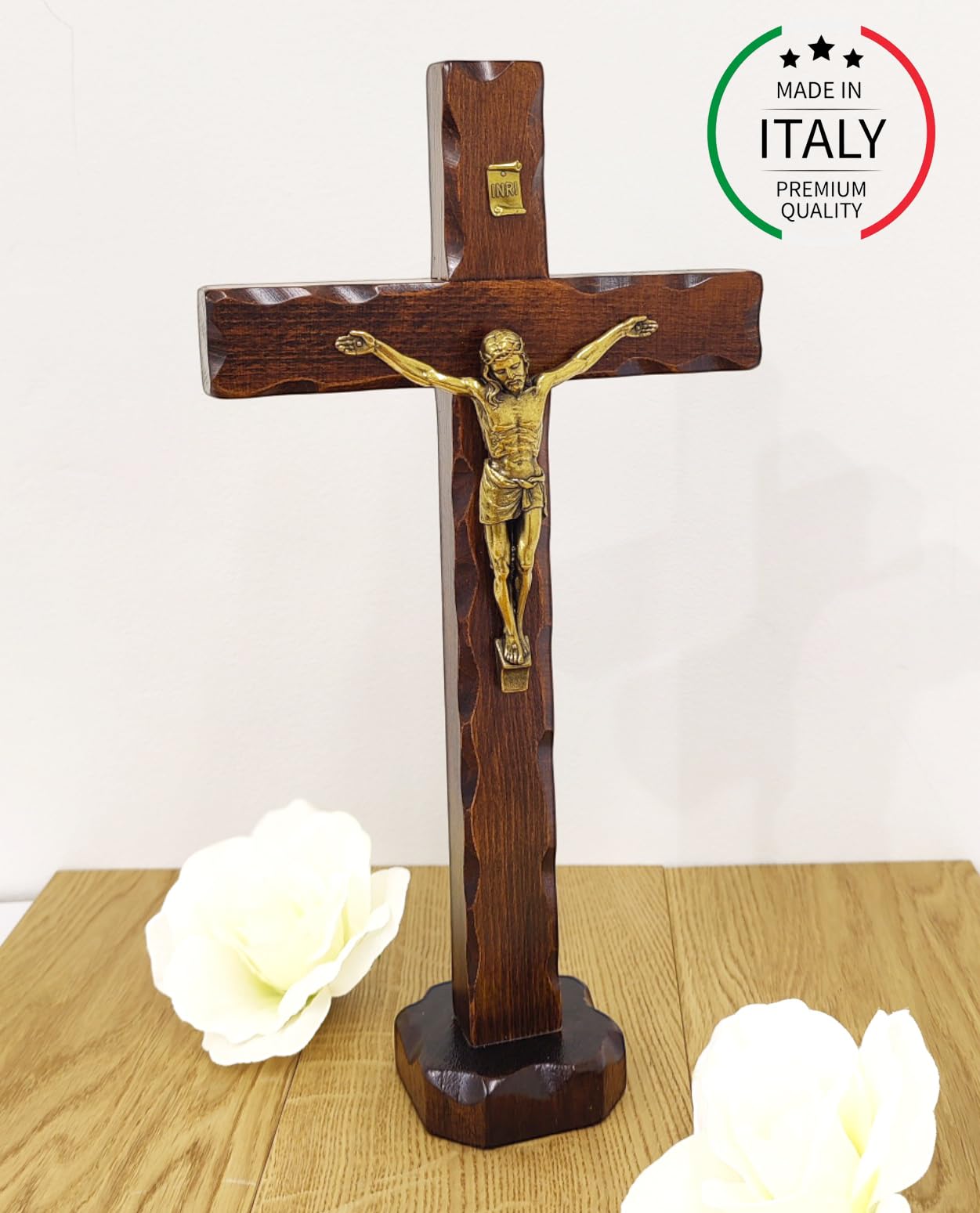 La Balestra Crocifisso da Tavola - Artigianale Made in Italy Cristo e INRI Ottonati - Crocifissi da Tavola in Legno, Cura e Precisione dei dettagli di Gesù Crocifisso -34,5X18 cm
