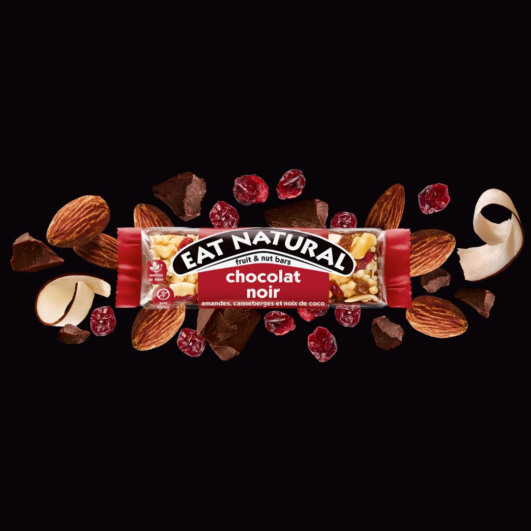 EAT NATURAL - Barres sans gluten - Cranberries, amandes, noix de coco et chocolat noir - 12 barres de 40g