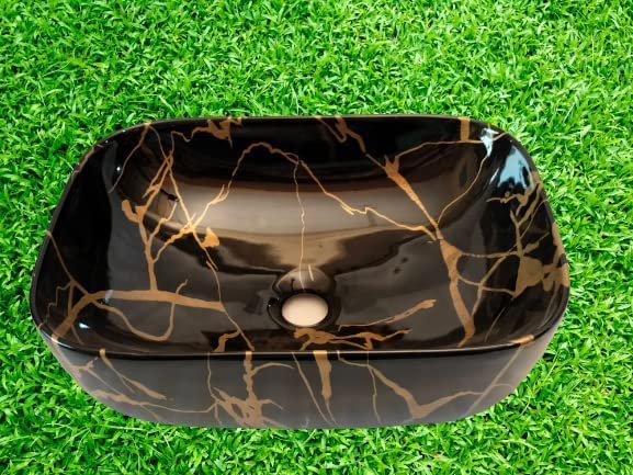 REMOTION Wash Basin Countertop | Tabletop Ceramic Bathroom Sink | Wash Basin Over Counter | Wash Basin For Bathroom (18 x 13 x 5.5 Inch) (WB-Black Golden Jelly) 3