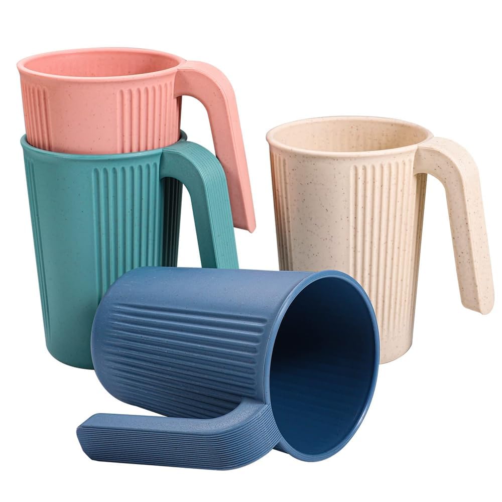 Khazna Reusable Plastic Cup, Unbreakable Wheat Drinking Cup, Coffee Mugs with Handles, Eco Friendly Healthy Multi Color Set of 4, Great for Kids Children and Adults, Dishwasher and Microwave Safe