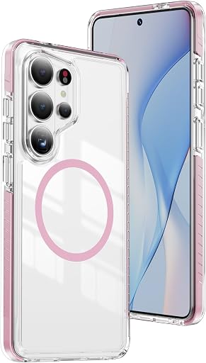 DEERLAMN Magnetic Clear Case for Samsung Galaxy S26 Ultra/S25 Ultra 6.9-Inch,[Fit for Magsafe][Military Grade Drop Protection] Transparent Slim Fit Non-yellowing Shockproof Protective Phone Cover,Pink