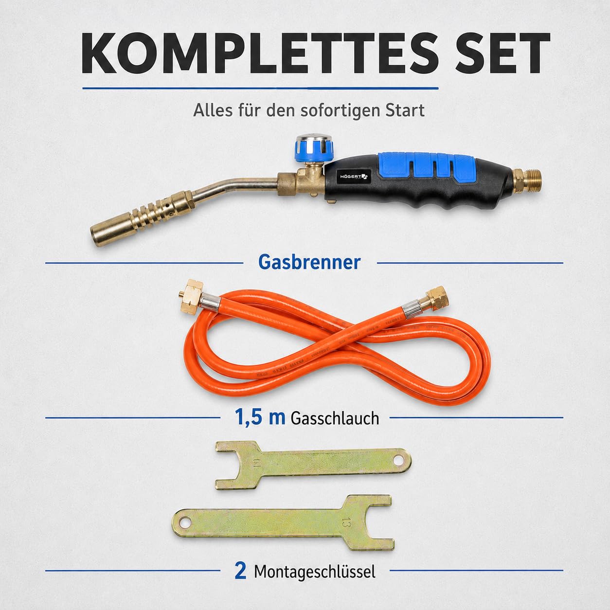 Högert Technik Gasbrenner Set HT2C511, Lötbrenner mit 2 kW Leistung, 1850C Flammentemperatur, inkl. 1,5m Schlauch und Schlüssel, für Löten und Abflammen