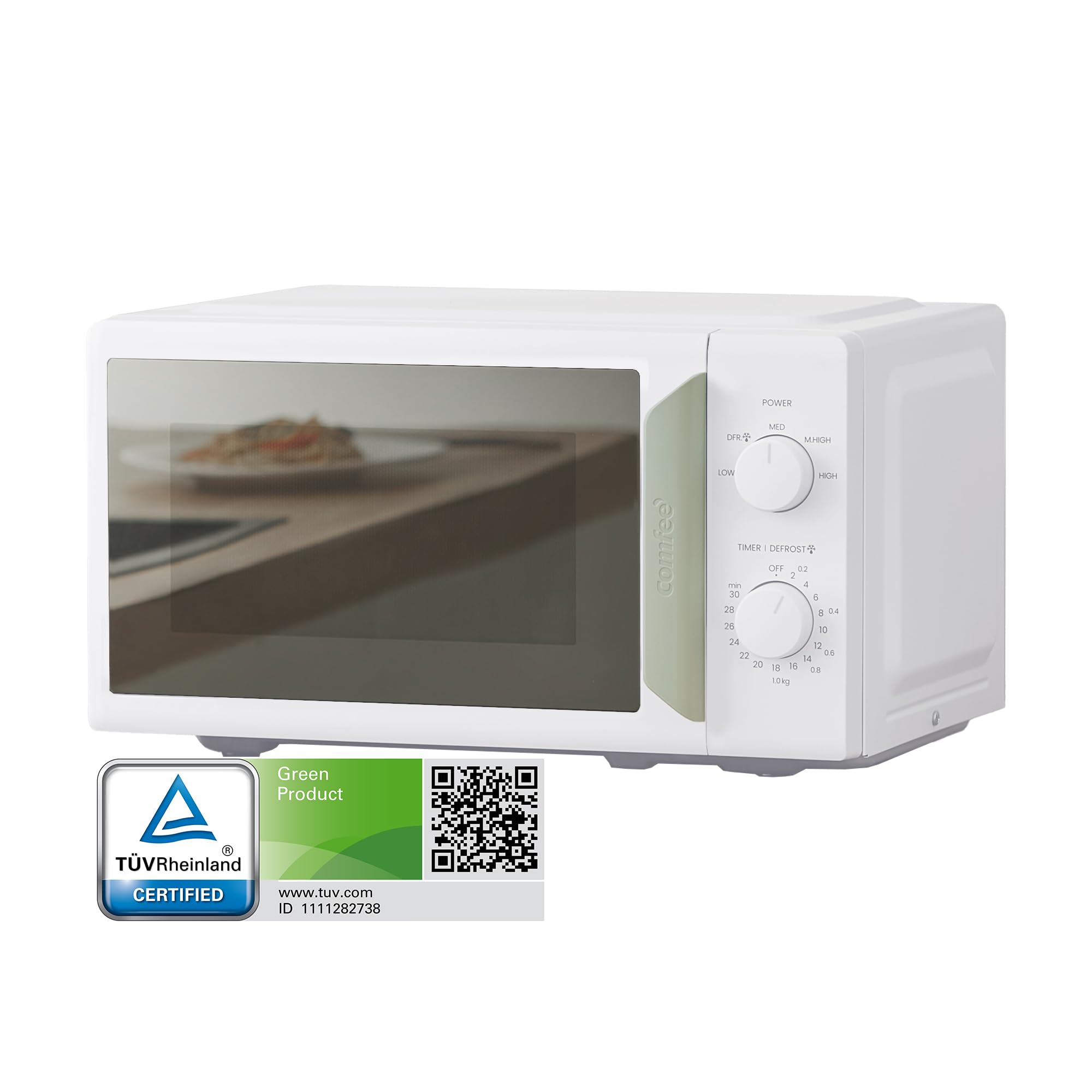 COMFEE' 700W 17L White Sage Green Mini Microwave Oven, Compact Design,  InverTech and Quick Defrost Function, Cooking Power Levels with Kitchen
