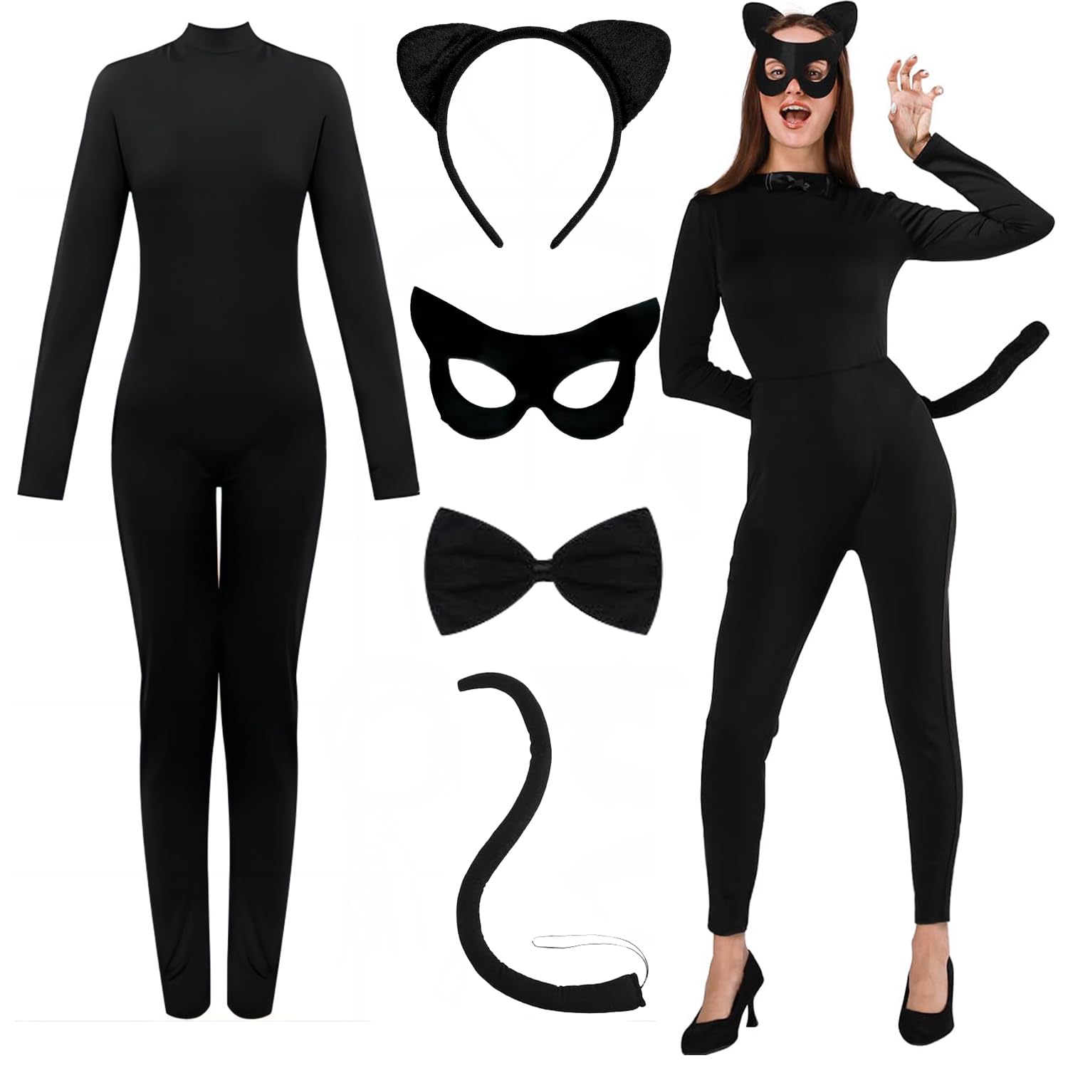 IMISHM 5 Pieces Cat woman Halloween Costume Black Catsuit For Women Halloween Cosplay Deluxe Costume
