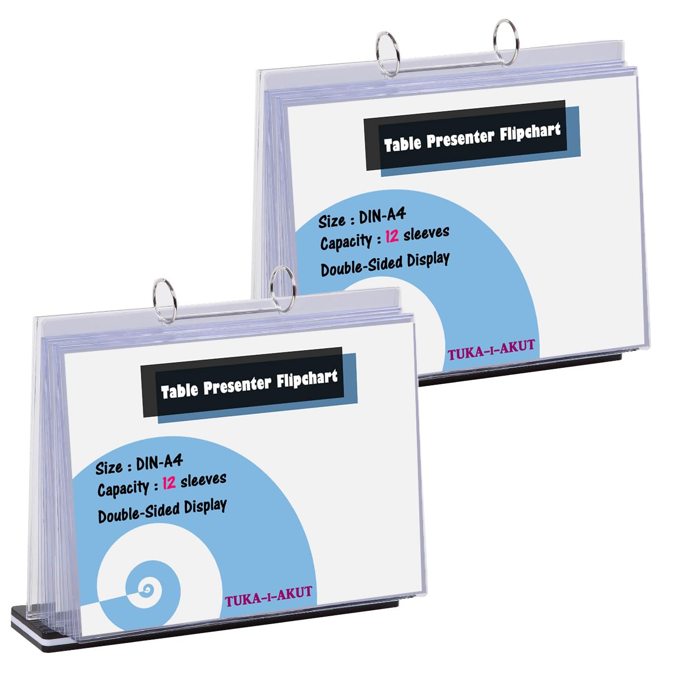 TUKA-i-AKUT 2pcs Expositor de Mesa Flipchart A4 Transversal Presenter con base, acrílico T Expositor Flip Chart, Menú Titular Cartel Soporte con 12 Fundas Transparentes de Doble Cara, TKD8210-A4-2x