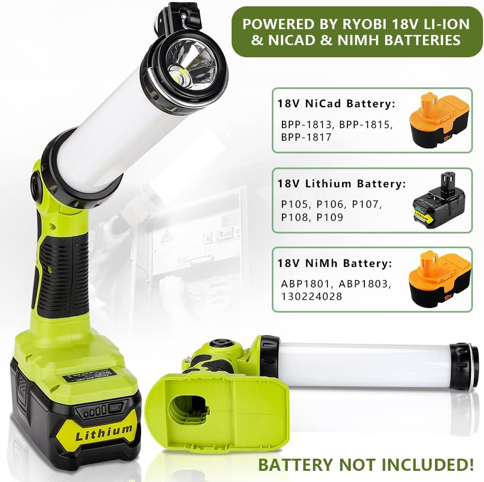 Miniatura 2 de YEX-BUR Luz de trabajo LED para Ryobi 18V ONE  batería NiCd NiMh linterna de mano de 26W 2000LM con gancho portátil para exteriores linterna pequeña