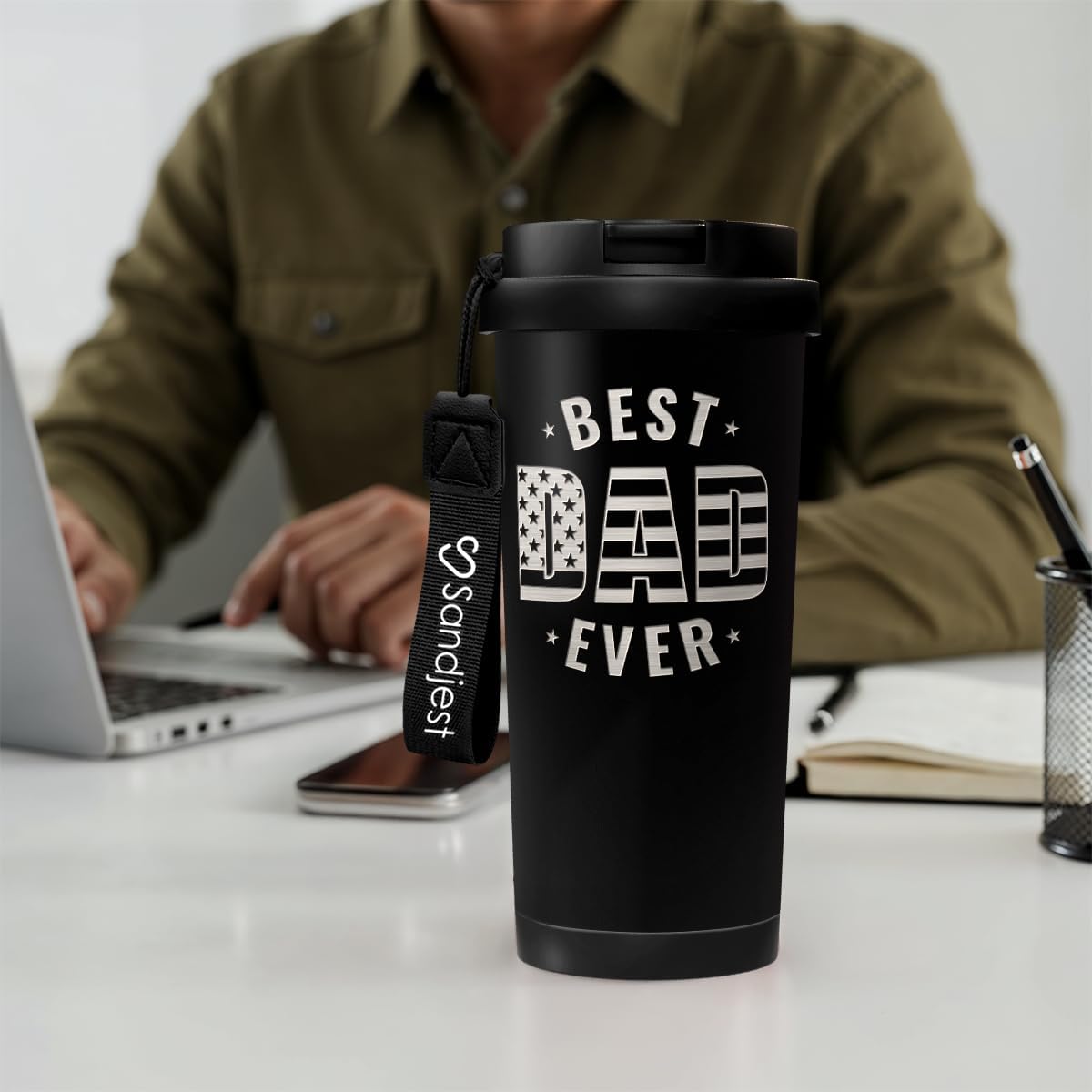 SANDJEST Dad Tumbler from Daughter- Stainless Steel 2-in-1 Lid Coffee Tumbler 18 oz, Best Dad Ever Insulated Travel Mug Gift for Men Husband Dad, Birthday Christmas 4th of July (American Flag) - Image 8