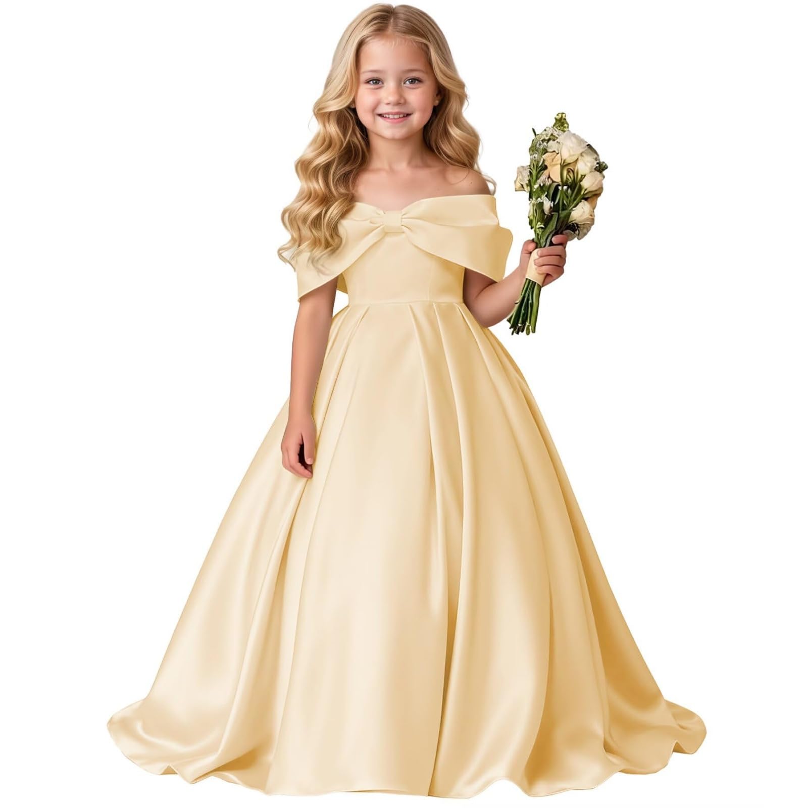 Vestido NiñA Elegantes, Vestido NiñA Ceremonia Lunares, Vestidos De Fiesta Largo hasta El Suelo Color Liso con Hombros Descubiertos Y Un Gran Lazo Mayores Dresses Summer Dress Dress Vestidos Verano