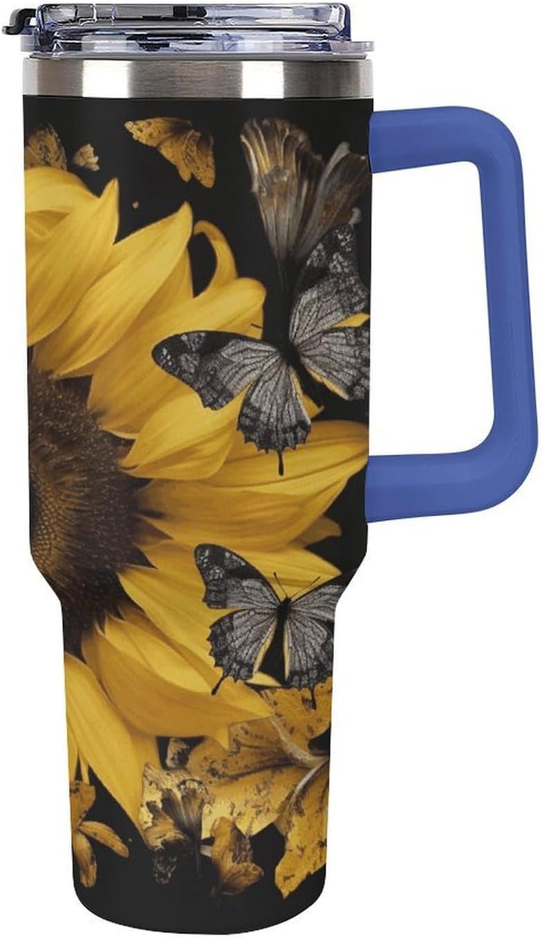 40 Oz Insulated Mug with Handle, Stainless Steel Butterfly And Sunflower Printed Travel Mug Portable Leak-proof Large Car Mug for Home, Office Or Car
