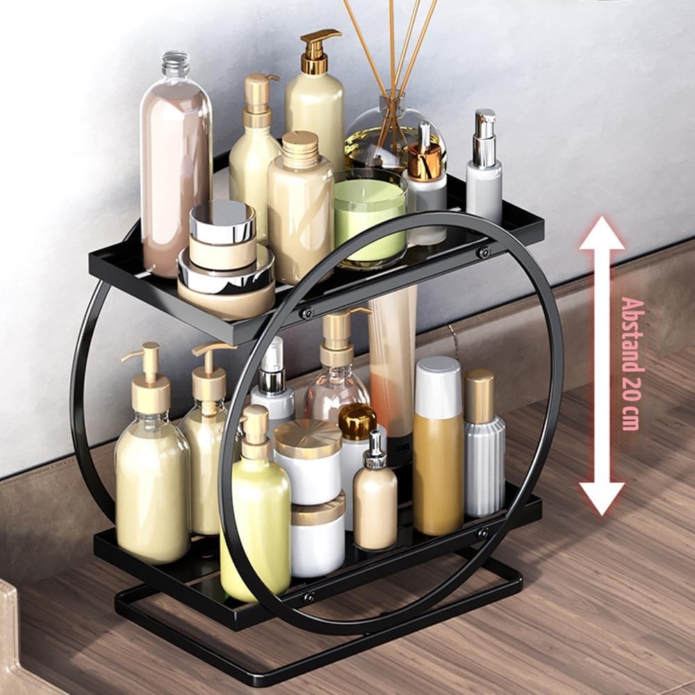 NUODWELL Make-up-Organizer für Schminktisch, 2-stöckig, Badezimmer-Arbeitsplatten-Organizer, Hautpflege, Kosmetik-Aufbewahrungsregal, Metall, Parfüm-Organizer für Schlafzimmer, Kommode (schwarz, rund)