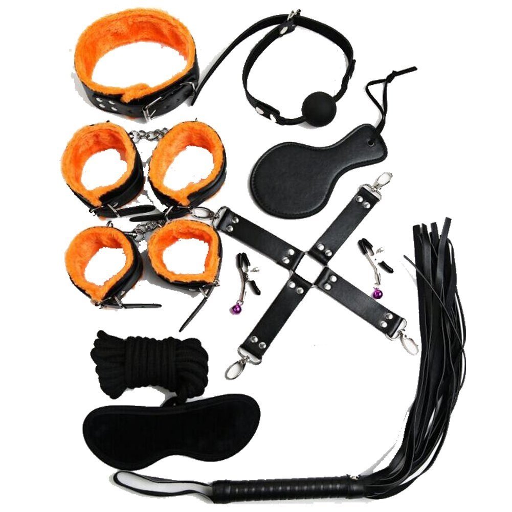 BONDAGERIE® Kit Completo di Accessori Orange in Pelle Vegana per Coppia, dieci pezzi, Manette Cavigliere Frustino Collare guinzaglio corda gàgball, sacco in raso