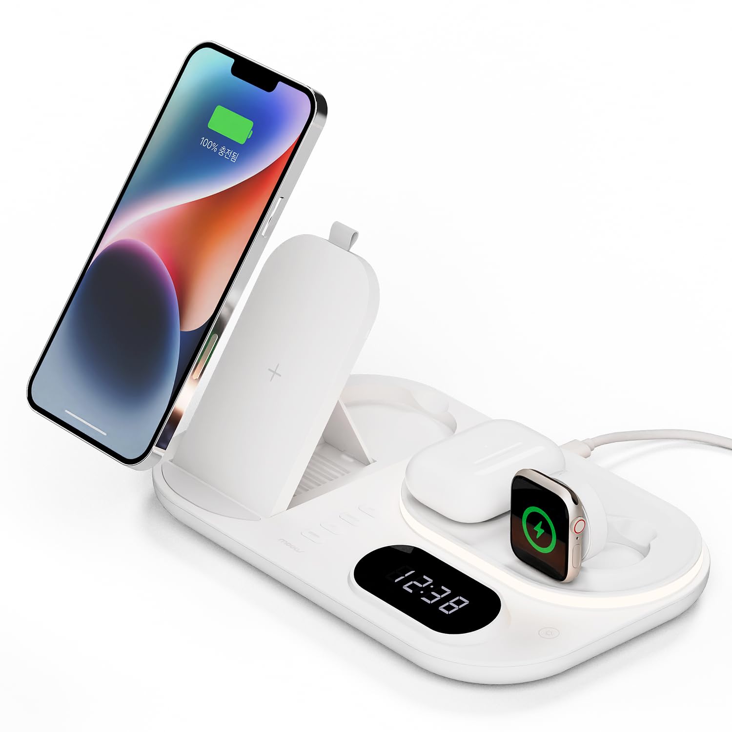 mooas 4 in 1 Fast Wireless Charger Nightlight Clock, 4 in 1 Wireless Charging Station with LED Clock, Compatible with iPhone 17 16, Galaxy S26 S25 and