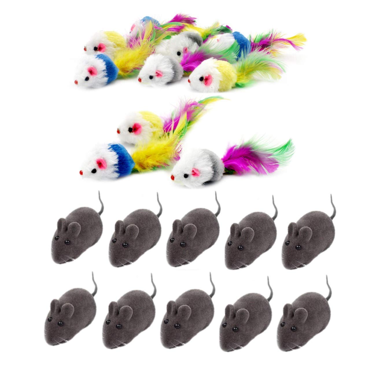 JZK20 x Furry pet cat toys mice with feather tails cat toy mice with rattle interactive toy for cat kitty